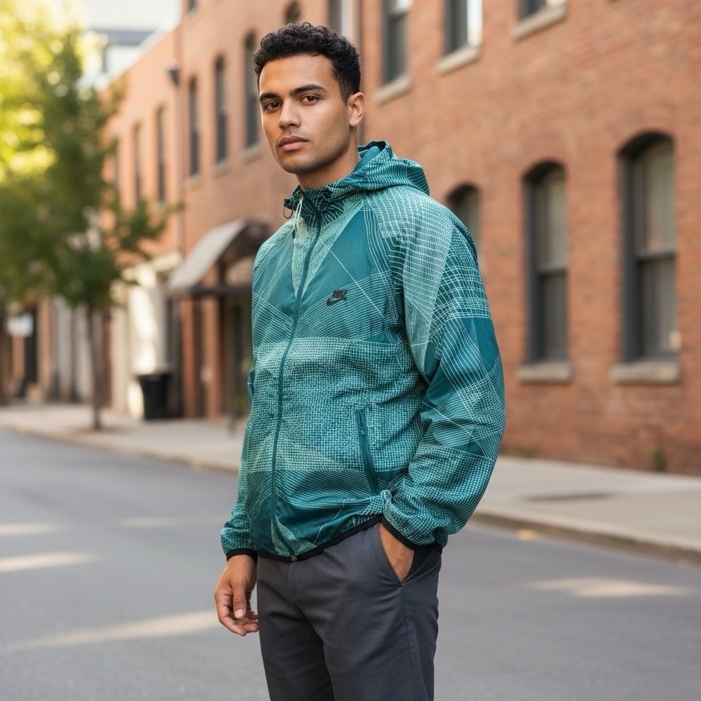 Nike Windrunner Mens Full Zip Hooded Lightweight Windbreaker Teal Jacket Medium